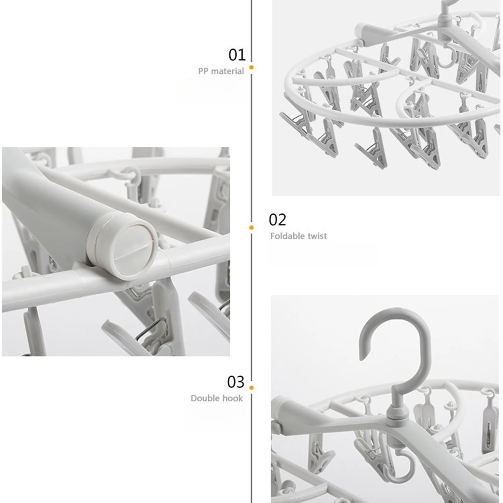 Multifunction Plastic Clothes Dryer Rack 360° Folding Clothes Dryer Hanger Household  Laundry Organizer Racks 8/12/20/24/32 Clip