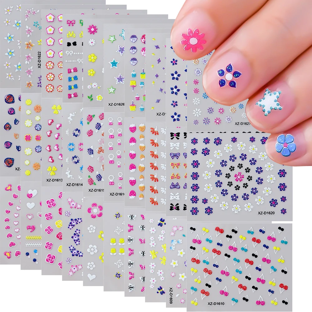 30pcs Glitter Colorful Flowers Nail Stickers Mini Petal Blossoms Self Adhesive Nail Art Decals Manicure Slider Adhesive Stickers