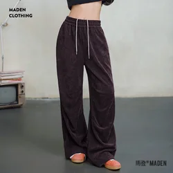Maden Retro Chenille Solid Sweatpants Casual Loose Fit straight Pants Elastic Waist with Drawstring for Women's Autumn Trousers
