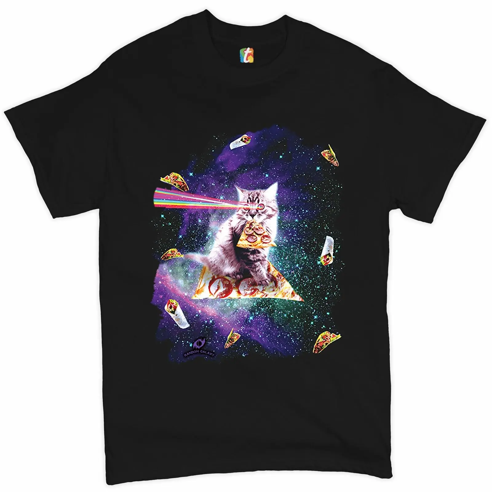 Cat Firing Rainbow Laser Riding Pizza Slice In Space T-shirt Weird Men's Tee