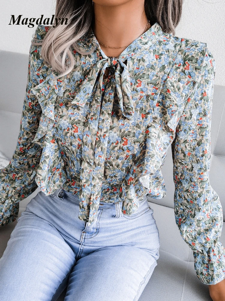 Magdalyn Ins Office Shirt Oversized Vintage Elegante Bloemenprint Blouse Top Met Ruches Chiffon Blusa Casual Strik Top Met Lange Mouwen