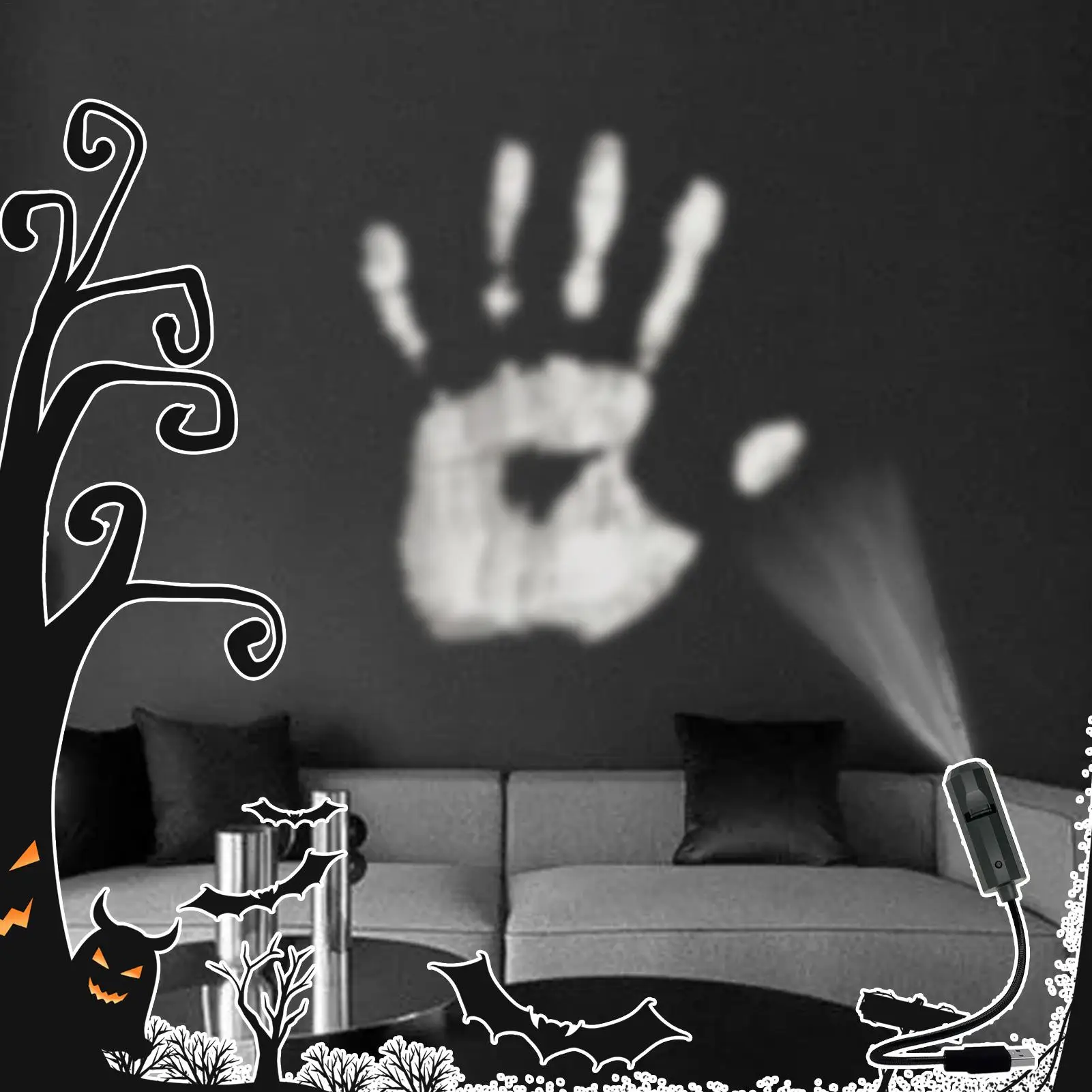 Lámpara magnética para proyector de calavera de Halloween, 3 modos, mueca con huella a mano aterradora, luz LED nocturna en forma de calavera, proyector giratorio USB