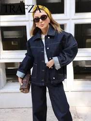 TRAFZA 2024 Women's Denim Pants Set Long Sleeve Jacket Coat+ Solid Pocket Baggy Long Pants Casual Loose Streetwear Mujer Roupas