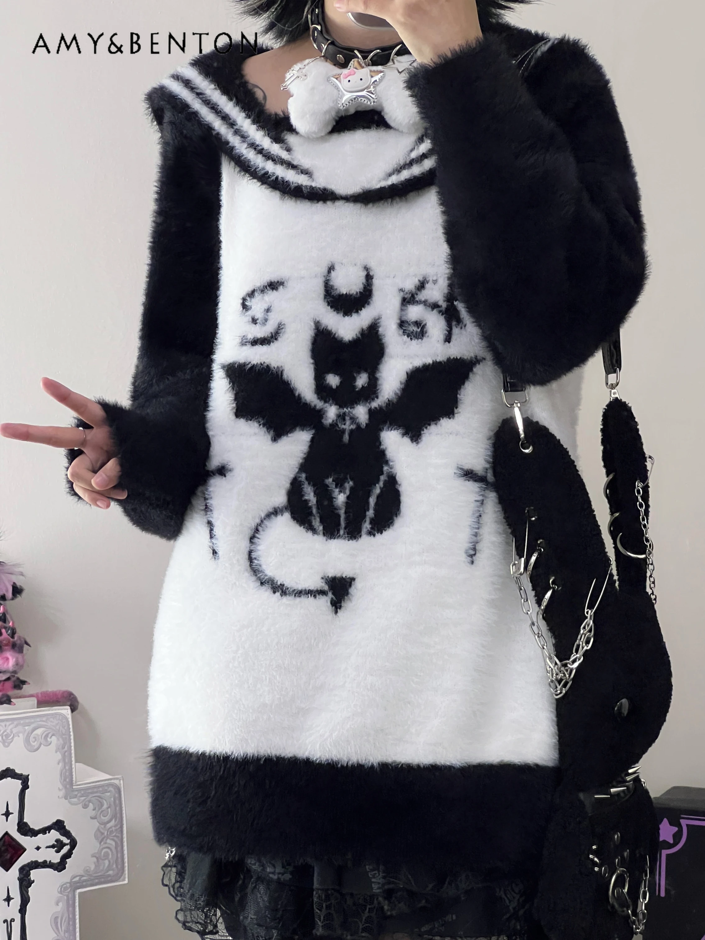 Harajuku Y2K Cartoon Print Sailor Collar Sweaters Gothic Patchwork Color Loose Sweater Women Cute Oversized Sweater Winter New