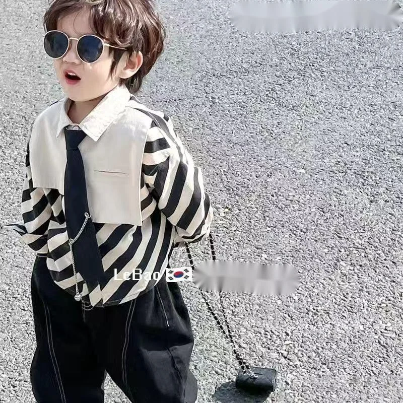 Boys Spring And Autumn Two-piece Set 2024 New Handsome Black And White Stripe Shirt Pants Children\'s Clothes Fashion Suits