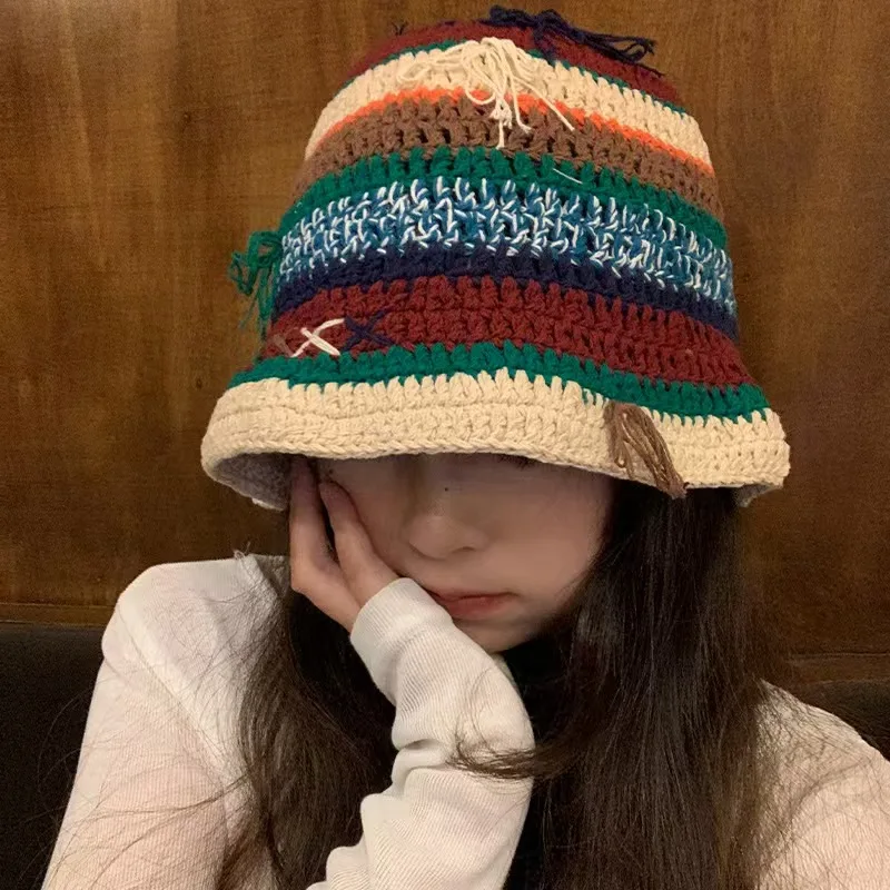 

Colored Striped Knitted Bucket Hats For Women&Men Handmade Fishermen Hat Ladies Skullies Caps Outdoor Windproof Panama Cap Gorro