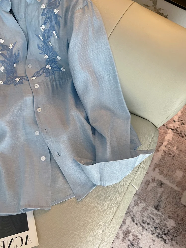 

Light Blue Embroidered Long Sve irt Thin Casual Loose Fit Men's irt Casual Sle for Autumn Season