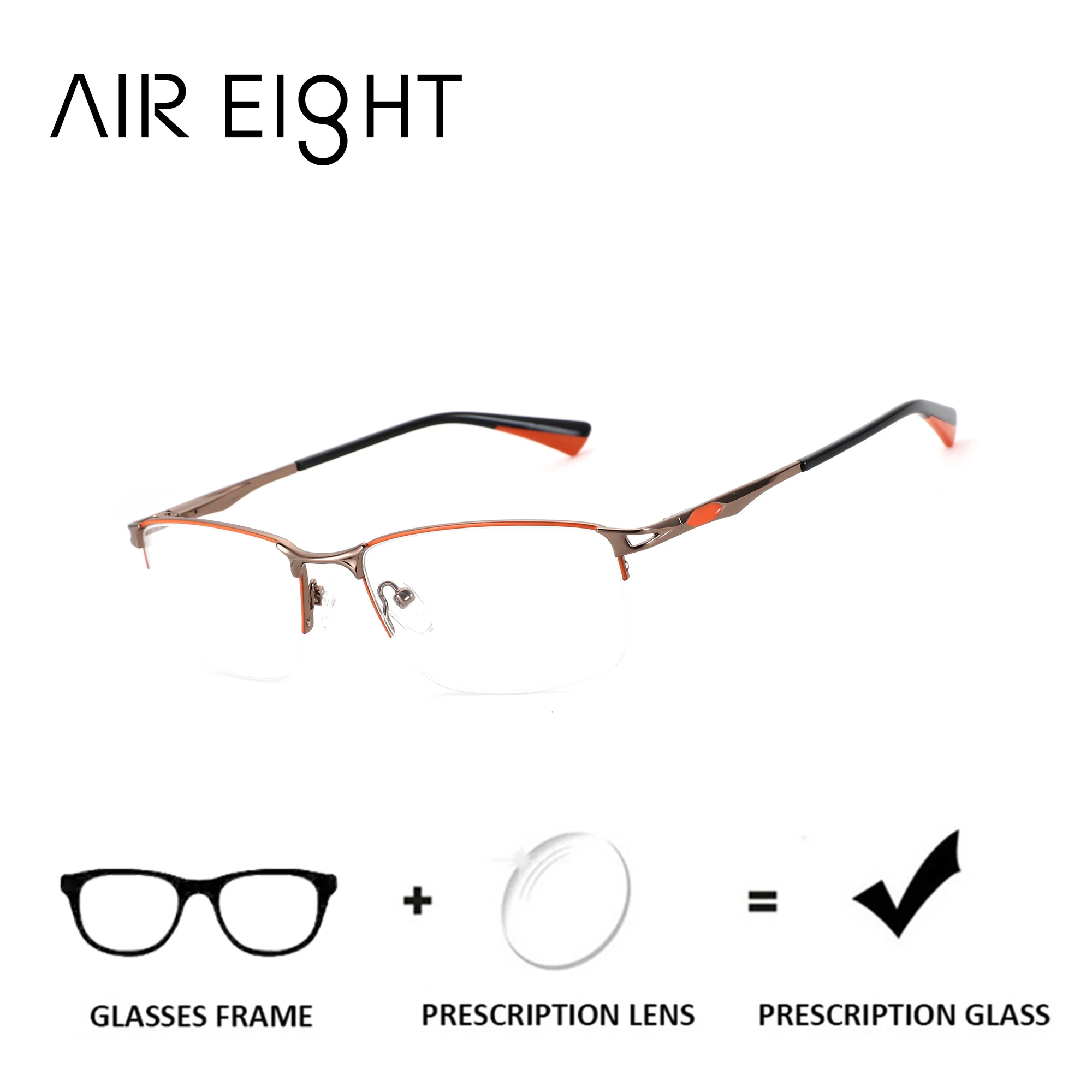 AIR EIGHT Men‘s Metal Half-Rim Rectangle Prescription Glasses Anti Blue Light Photochromic Multifocal/Myopia Optical Eyewear