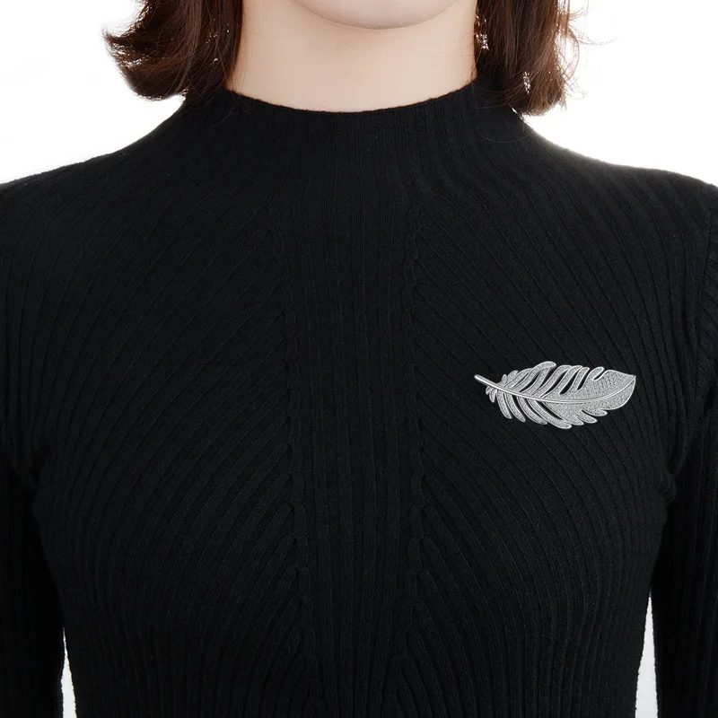 Fashion leaf Feather 925 sterling silver Brooches for Women Corsages with Shining Crystal Brooch Big Scarf Clothes Accessories