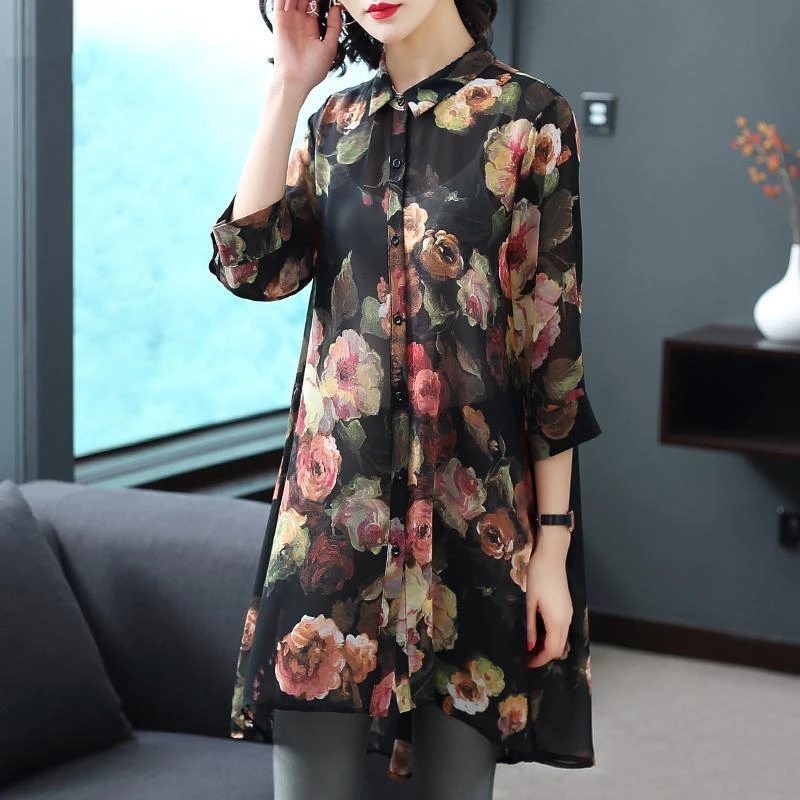 Temperament Fashion Summer Women\'s Square Collar Print Single Breasted Asymmetrical 3/4 Sleeve Loose Mid-length Shirt Dress