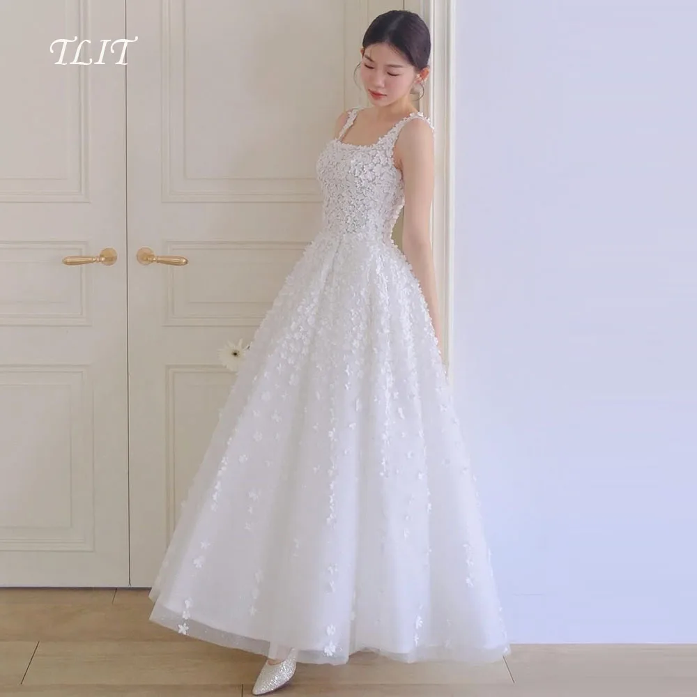 فستان زفاف TLIT أنيق أبيض على شكل حرف a مزين بالزهور وحزام سباغيتي زي العرائس فستان زفاف كوري صور تبادل لاطلاق النار حسب الطلب