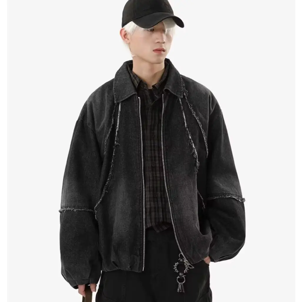 Men Deconstructed Frayed Raw Seam Denim Jacket Washed Black Zip‑Up Cropped Loose Drop‑Shoulder Streetwear Outerwear Coat