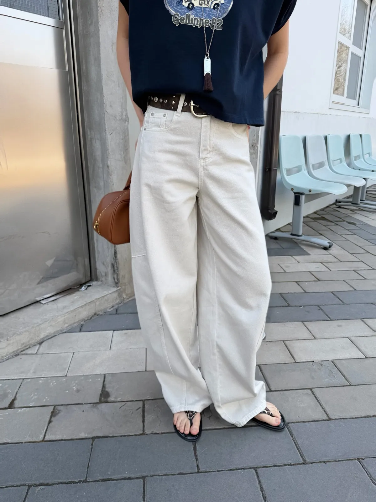 

Acrab American Retro Vintage Wide Leg Floor Length Jeans Women High Waist Cotton Stretchy Faded Craft Spring Season Ladies