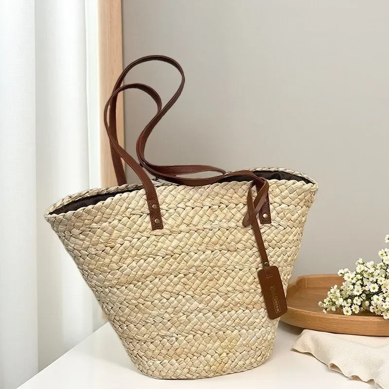 

Women's Spacious Woven Natural Corn Husk Tote -2025new French Lazy Chic Korean Niche Handheld Shoulder Bag