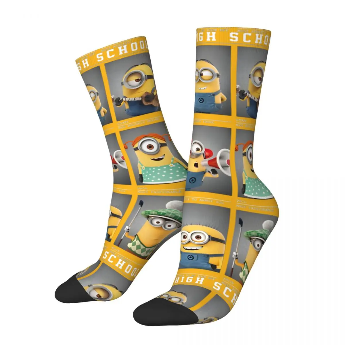 Despicable Me Minions High School Portrait Panels Men's Socks Vintage Harajuku Despicable Me Minions Street Style Crew Sock