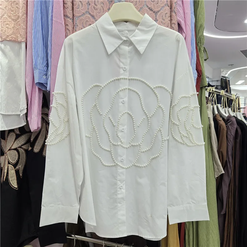 

SuperAen Korean Style Women's Shirt Rose Embroidered Flares 2026 Spring and Autumn New Elegant Asymmetrical Shirts