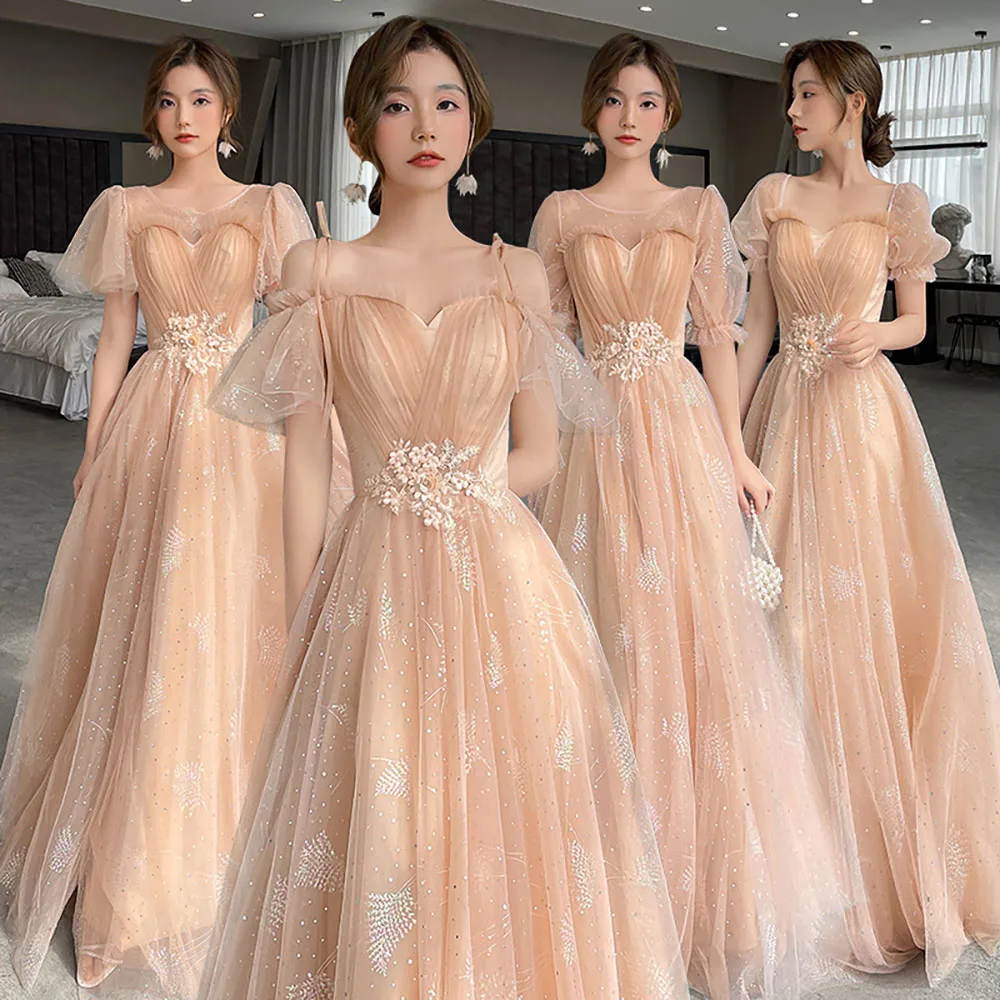 Luxury Champagne Bridesmaid Dress Women Shiny Blingbling Tulle Ball Gown Graduation Girls Sisters Banquet Performance Dresses