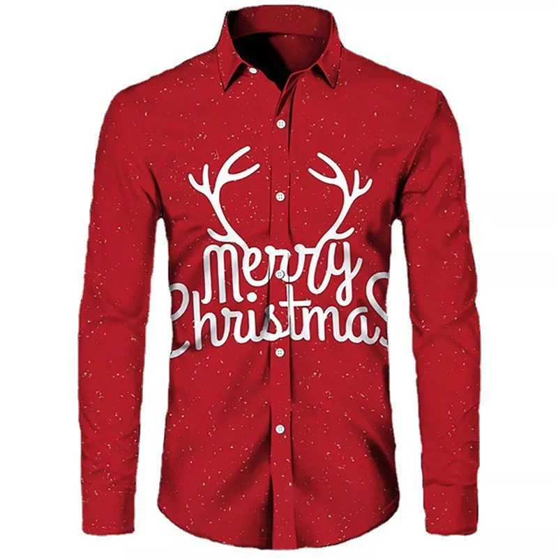 

Long sleeved high-end top printed street party social fashion men's shirt plus size Christmas reindeer Santa Claus 2024 shirt