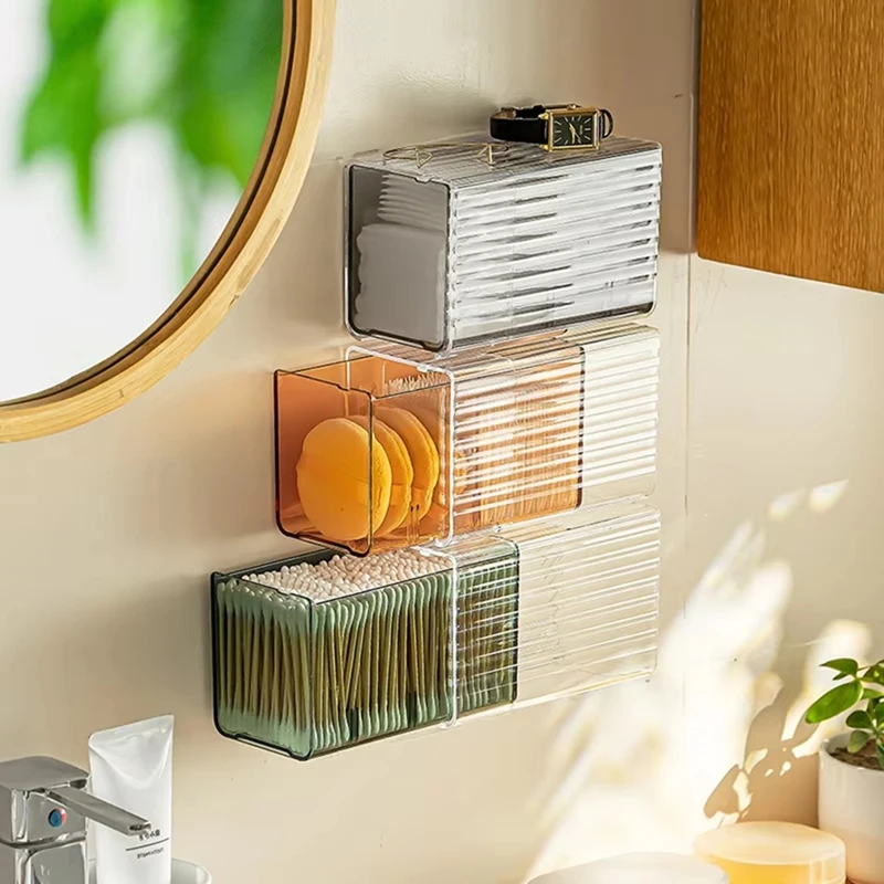 WISH Wall-Mounted Cotton Pad And Swab Organizer Box, Punch-Free Transparent Plastic Cosmetic Storage Container With Drawer