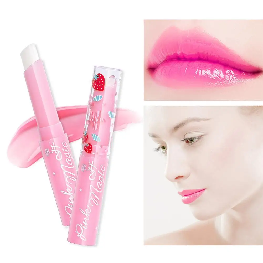 Lápiz labial de fresa, bálsamo labial hidratante de larga duración, 3 piezas, nutritivo, mágico, cambio de Color, resistente al agua, brillo labial, maquillaje mate