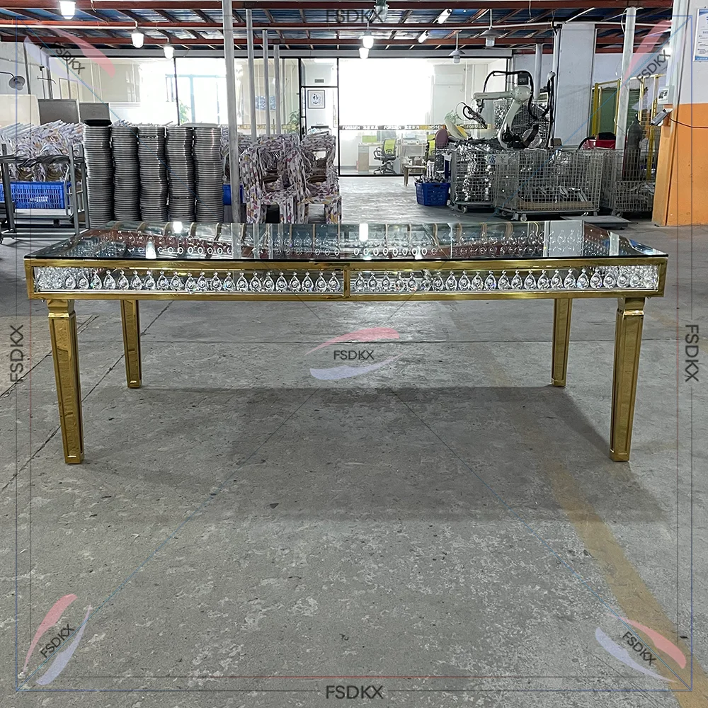 

New Design Glass Wedding Table with Crystal Gold Metal Frame Banquet Dining Table for Event Decorative
