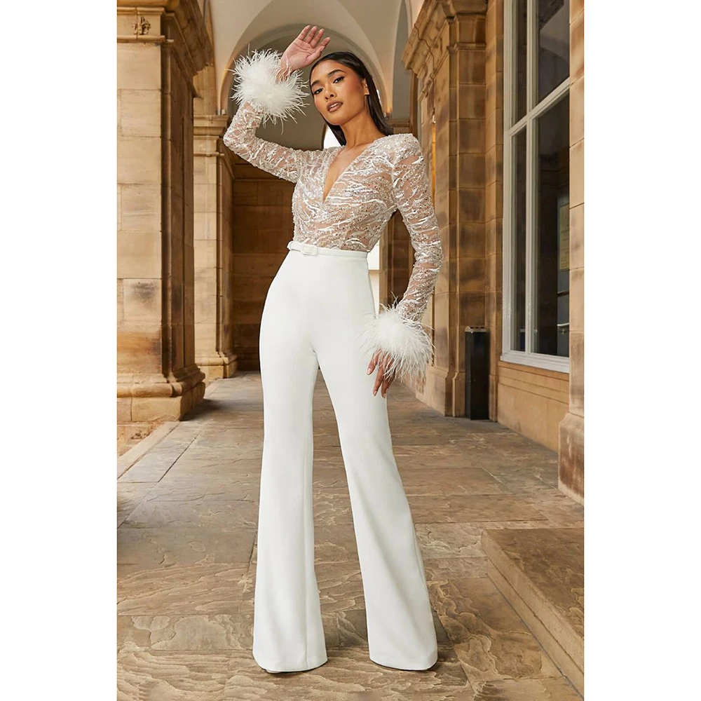 

Chic Evening Dress Jumpsuits for Women V-Neck Feathers Long Sleeve Feathers Sequiend Appliques Pants Special Event Casual Wear