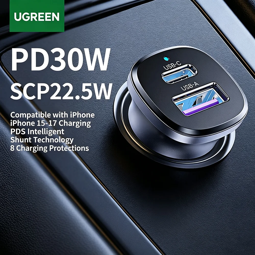 

UGREEN PD30W Car Charger Kit 2-Port Fast Charging Adapter with 60W Type-C Cable for iPhone Samsung Xiaomi