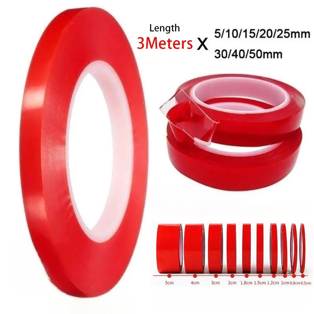 

3Meters/Roll PET Red Film Double Sided Tape Strong Self Adhesive No Trace Sticker Tape Clear 6-50mm Width Fixed Pasted Tapes