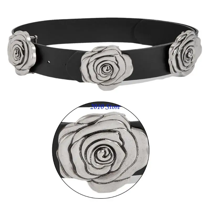 F3MF حزام ريترو قابل للتعديل للنساء مزين بأبازيم وردية واسعة من جلد البولي يوريثان حزام الخصر فساتين إكسسوار عصري #4