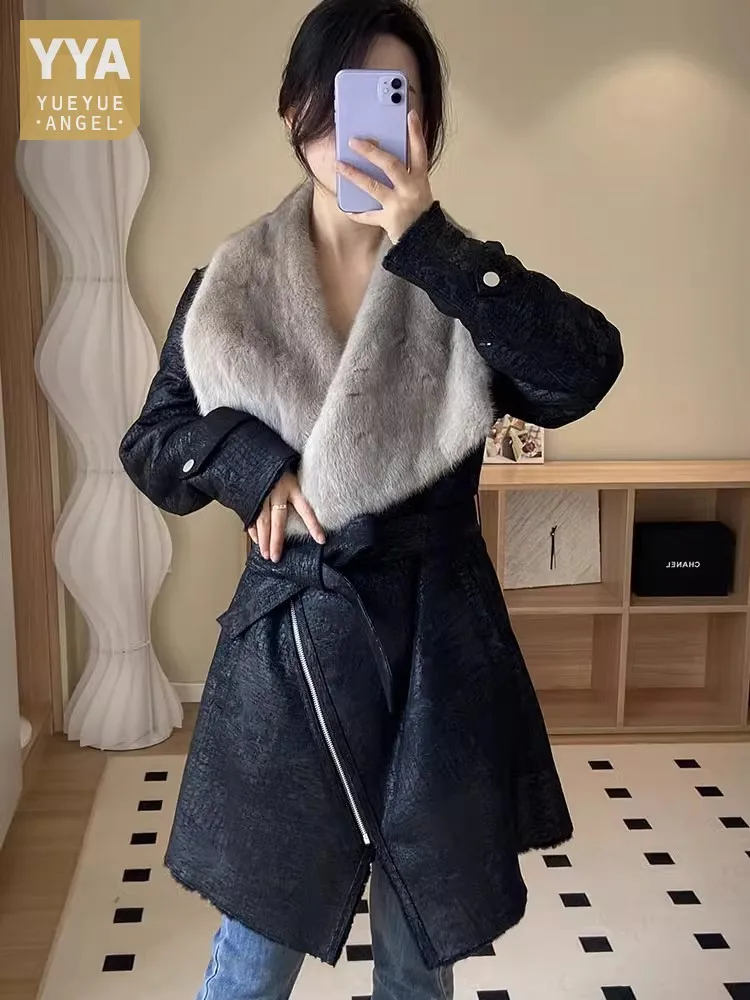 Original Eco Vintage Real Fur Elegant Mink Fur Collar Winter Warm Wool Liner Women Medium Long Genuine Leather Shearling Coat