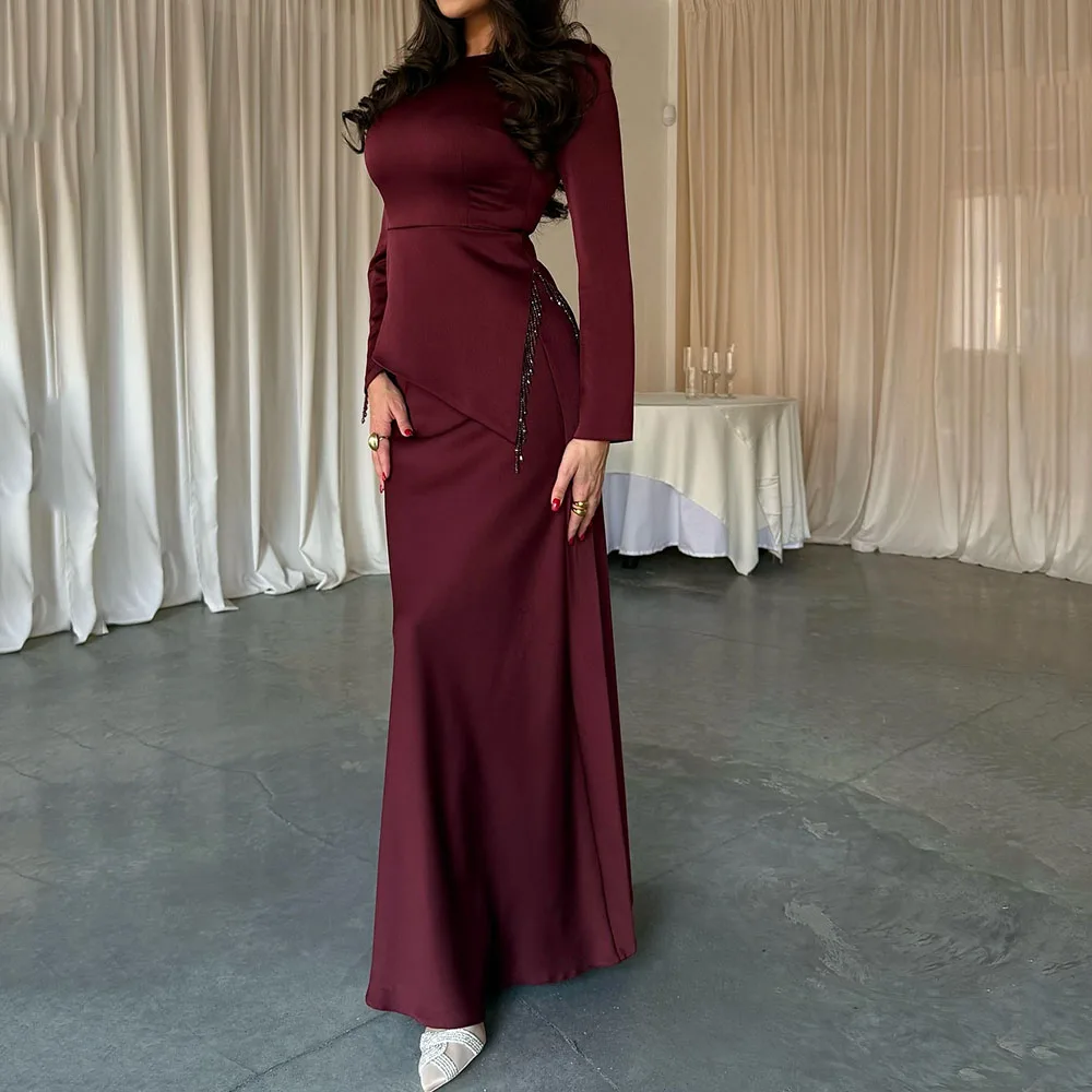 

Customized A-line Evening Dresses Ankle-length Full Sleeve Prom Gown Fashion Crystal Lace-up Simple Draped Casual Party Gown