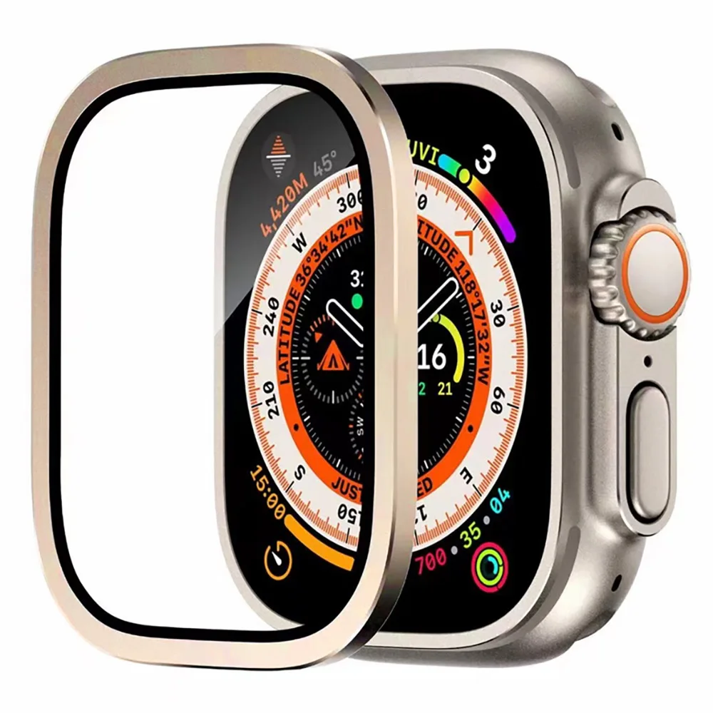 Metallgehäuse für Apple Watch Ultra 49 mm, Abdeckung aus gehärtetem Glas, Displayschutzfolie, wasserdicht, Schutzstoßstange, iWatch 49 mm, klare Folie