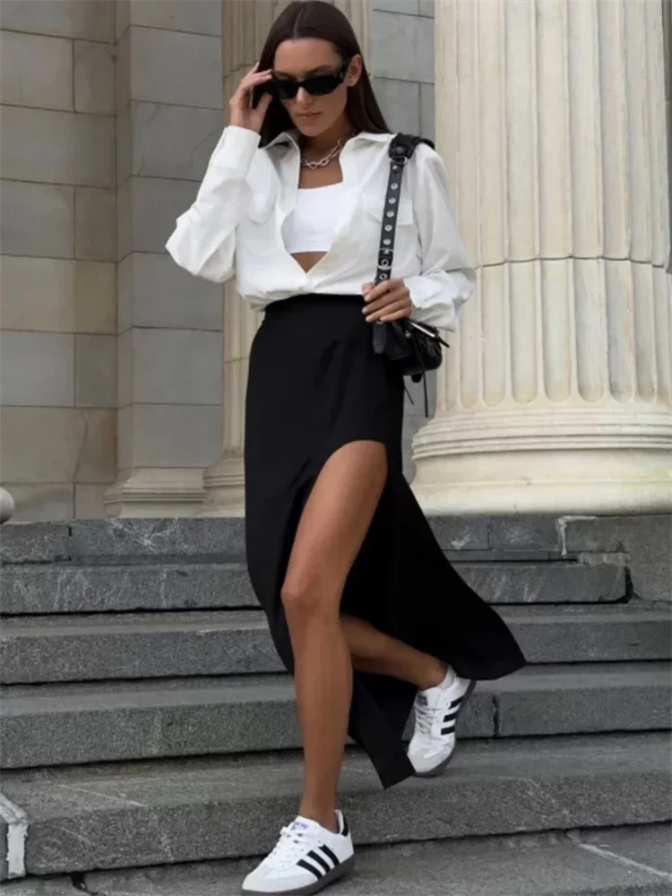 Black High Waist Long Skirt for Women Summer Fashion Side Split Patchwork Streetwear Y2k Sexy Maxi Skirt for Ladies 2025
