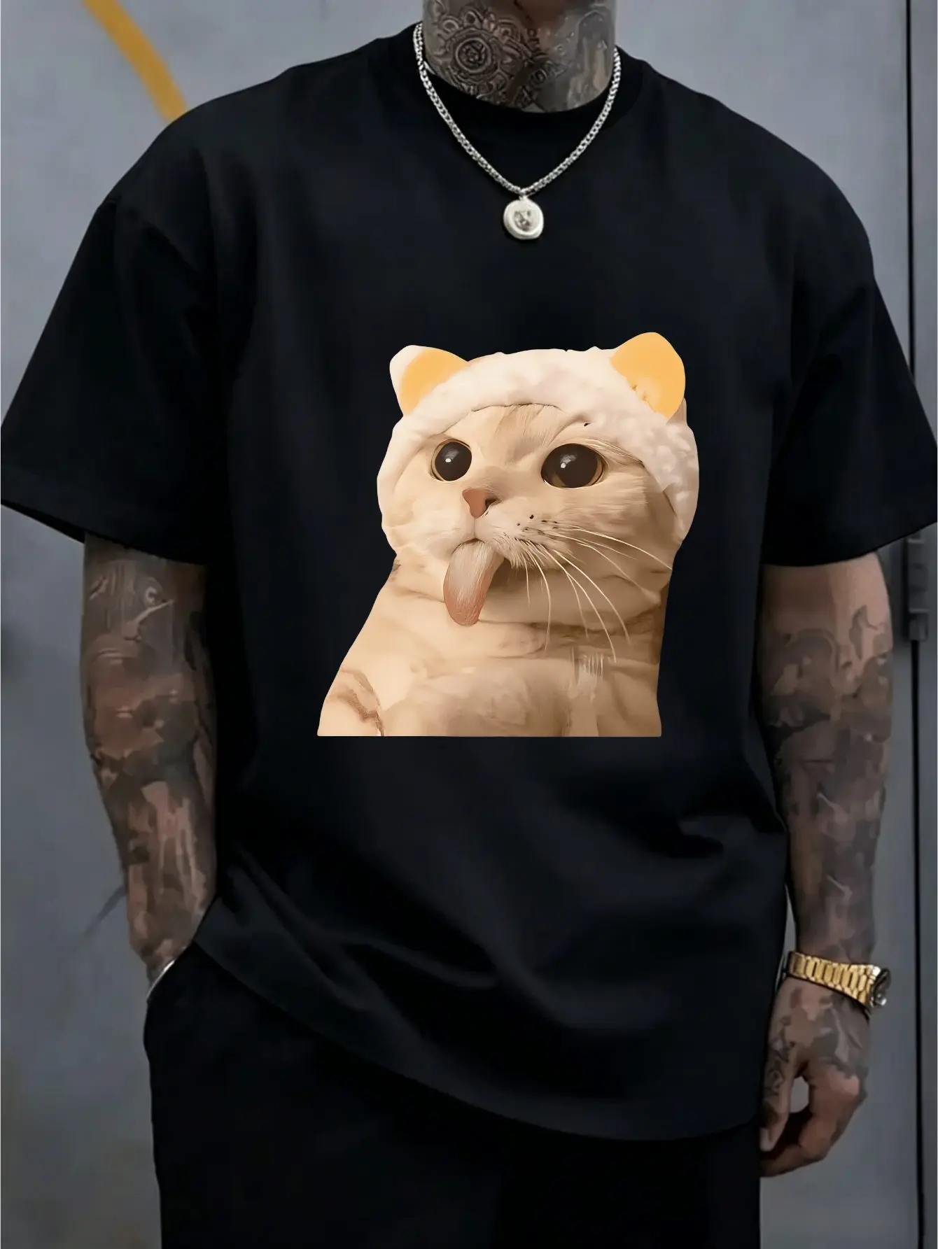 Adorable Light Yellow Kitty With Hat Print Mens Short Sleeve Tee Crew Neck Sweet Cat Pattern Casual Outdoor Daily Comfort Top