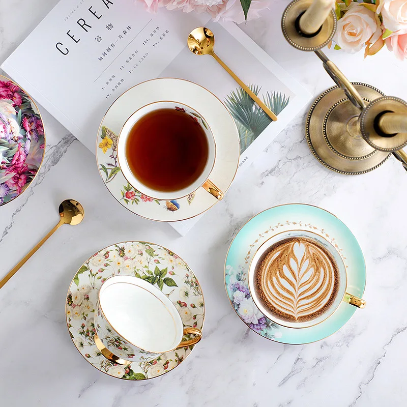 European Pastoral Flower Porcelain Coffee Cup and Dish Bone China Afternoon Tea Mug Ceramic  Water Cup Party Drinkware Gift