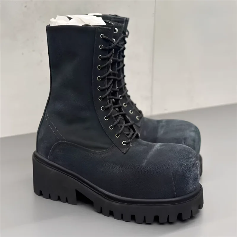 Bota de diseñador negra con cordones y punta redonda para hombre, bota alta a la moda para hombre