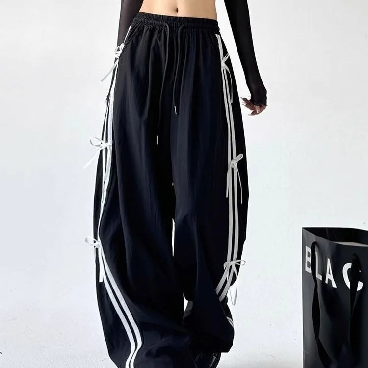

XIZOU American Style Retro Side Stripe Knot Dstring Wide Leg Pants Women High Waist Casual Sports Trousers Workwear Straight