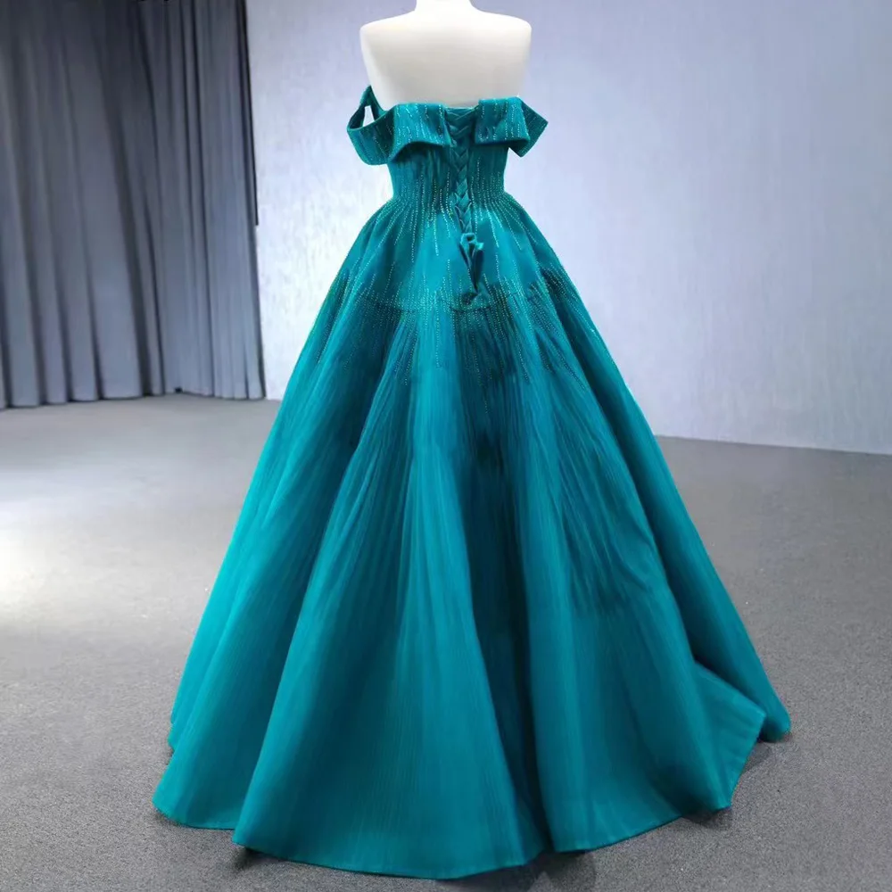 Robe de soirée bleue sans bretelles, épaules dénudées, dos à lacets et perles, personnalisable, pour femmes