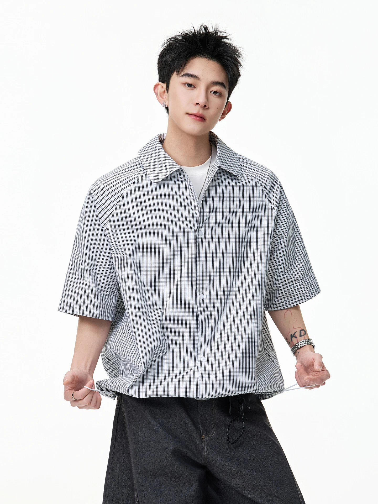 

Trendy American Brand ort Sve irt with Dstring Bot Men's Retro Summer Versatile Couple's Cheered Casual irt