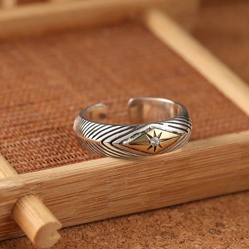 Men Retro Starburst Ring Trendy Personality Imitation Thai Silver Open Band Simple Striped Star Index Finger Ring
