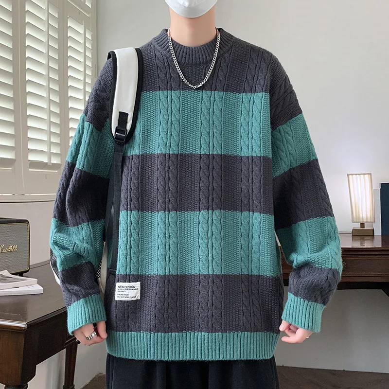 

Мужской зимний вязаный свитер в полоску с цветными блоками, утепленный, с круглым вырезом, модный теплый шерстяной пуловер для подростков и молодежи