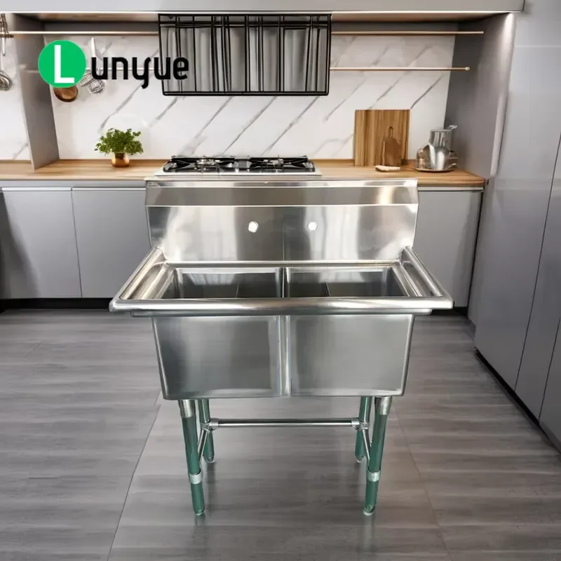 Custom 2 Compartment Stainless Steel Utility Kitchen Sink Double Bowl Canadian Style Commercial Grade Ready for Restaurant