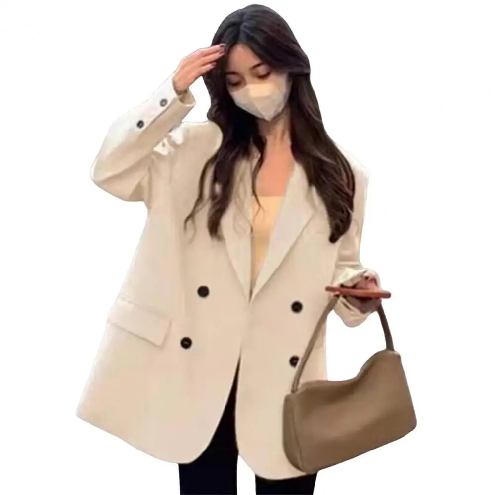 Simple Design Suit Coat Elegant Women's Double Breasted Suit Jacket with Classic Lapel Design Flap Pockets Stylish for Versatile