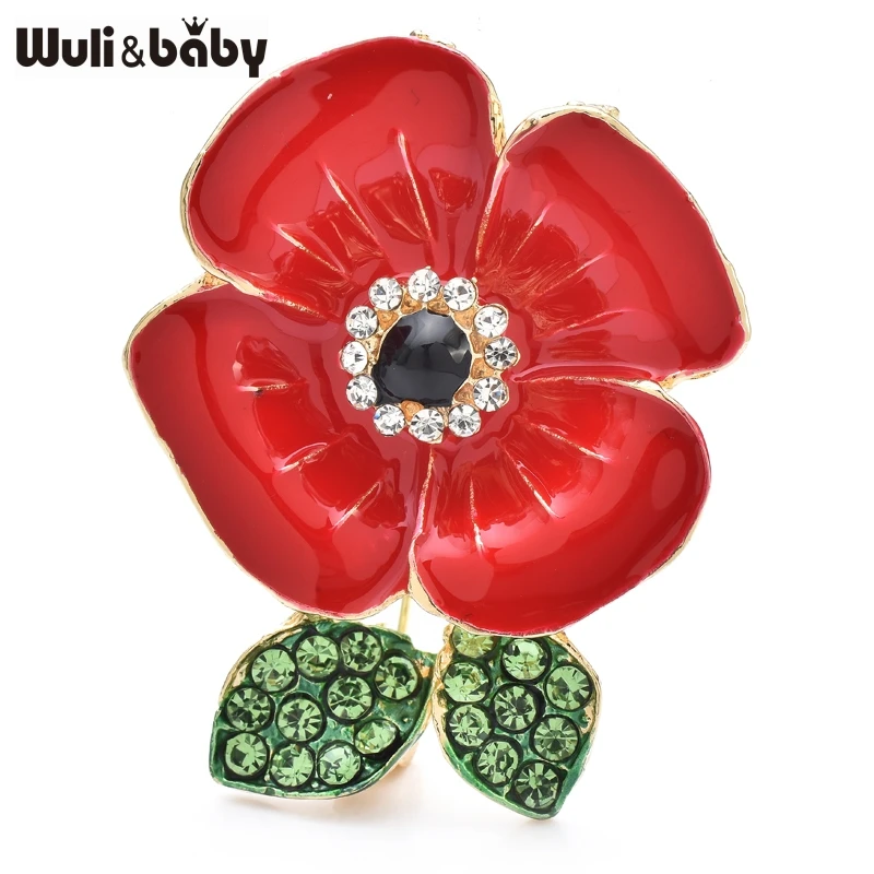 

Wuli&baby Classical Red Flower Brooches For Women Unisex Rhinestone Enamel Poppy Plants Office Party Brooch Pins Gifts