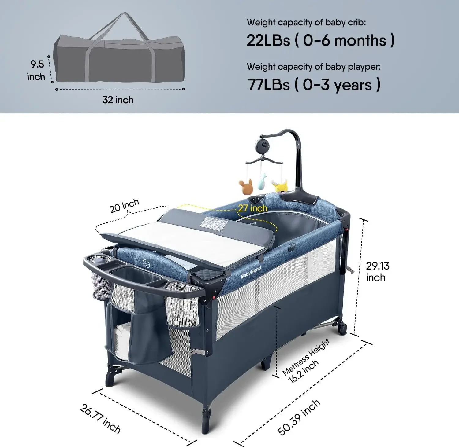 Culla da comodino BabyBond Baby, confezione e gioca con lenzuolo, fasciatoio per pannolini e Mobile musicale da neonato a bambino, P