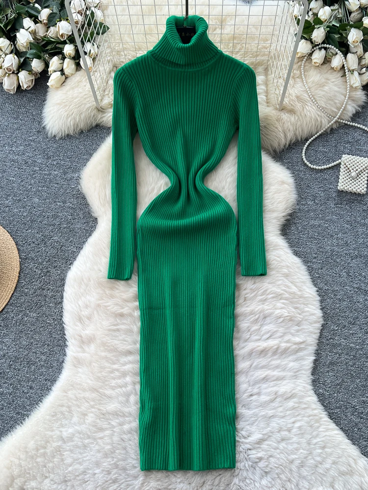 High Ne Knitted Dr Women's Tight Fit Waist Cinching Slimming Vertical Stripe Sweater Dr Korean Sle High Waist A-Lin...