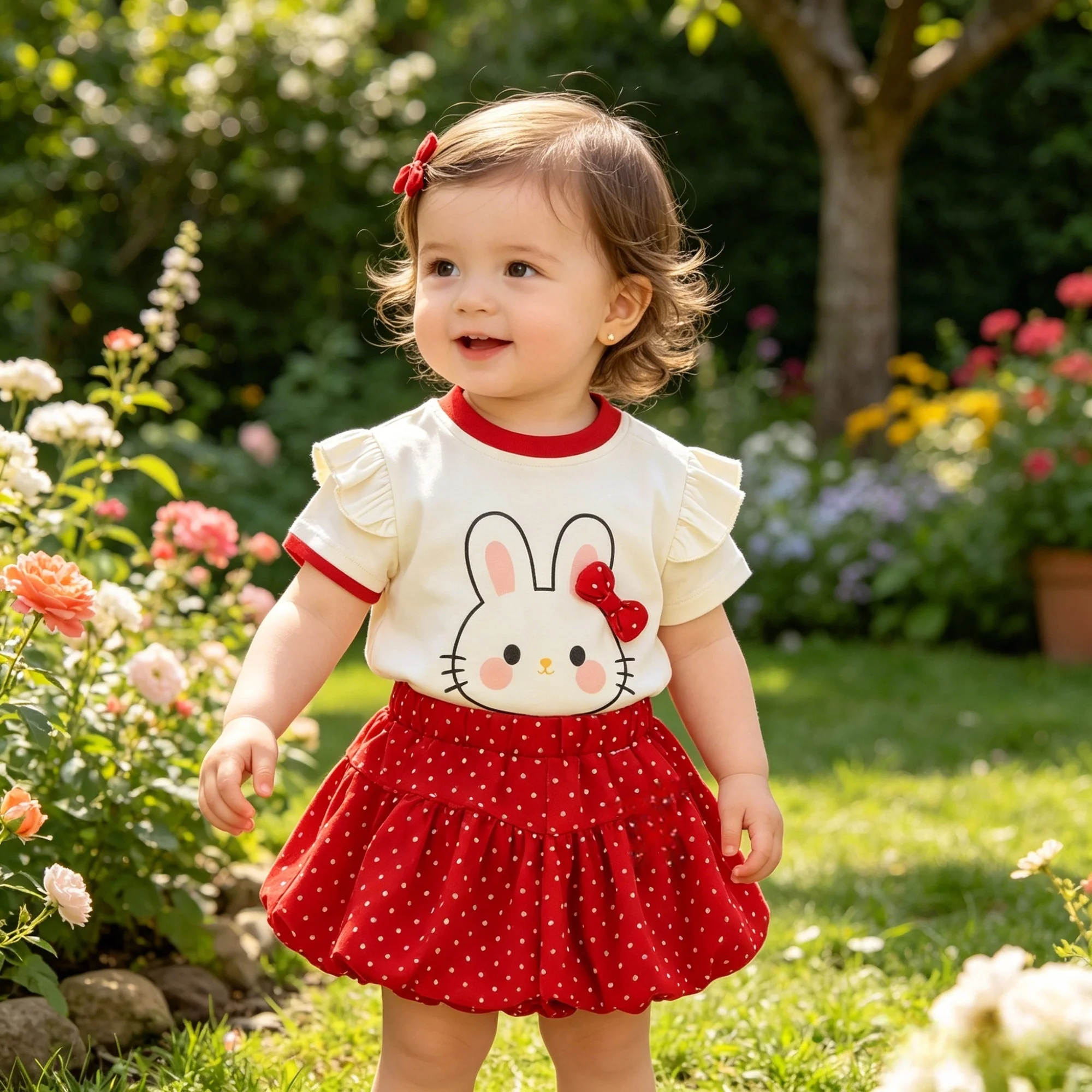 Baby Girl Summer Two Piece Set Cartoon Bunny Ruffle Tee Red Polka Dot Bloomer Shorts Infant Casual Outfit