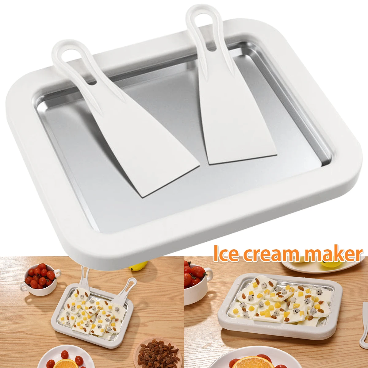 Ice Cream Maker Pan with 2 Scrapers Multifunctional Food Plate Durable Rolled Homemade Rolled Cream Frozen Yogurt Gelato