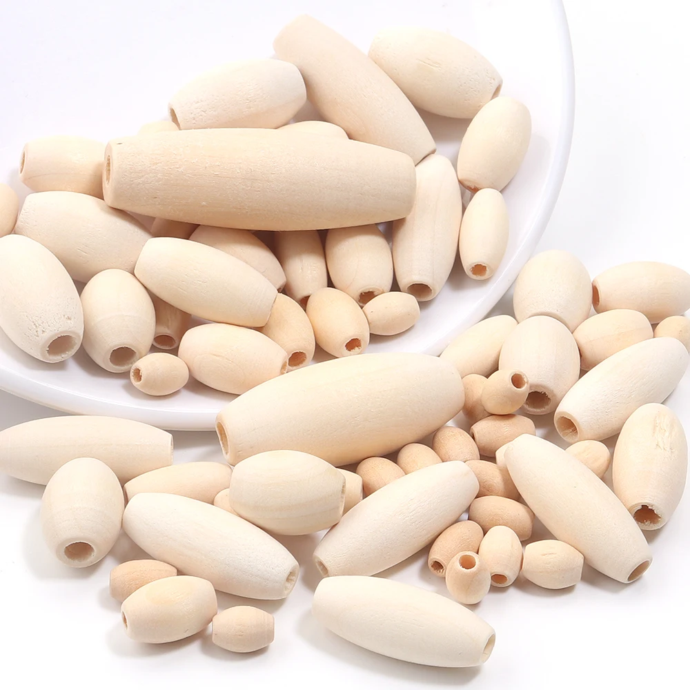 20-200pcs/lot Multisize Natural Wooden Beads Olive Shape Puzzle Prayer Long Spacer Wood Beads For DIY Handmade Bracelet Necklace