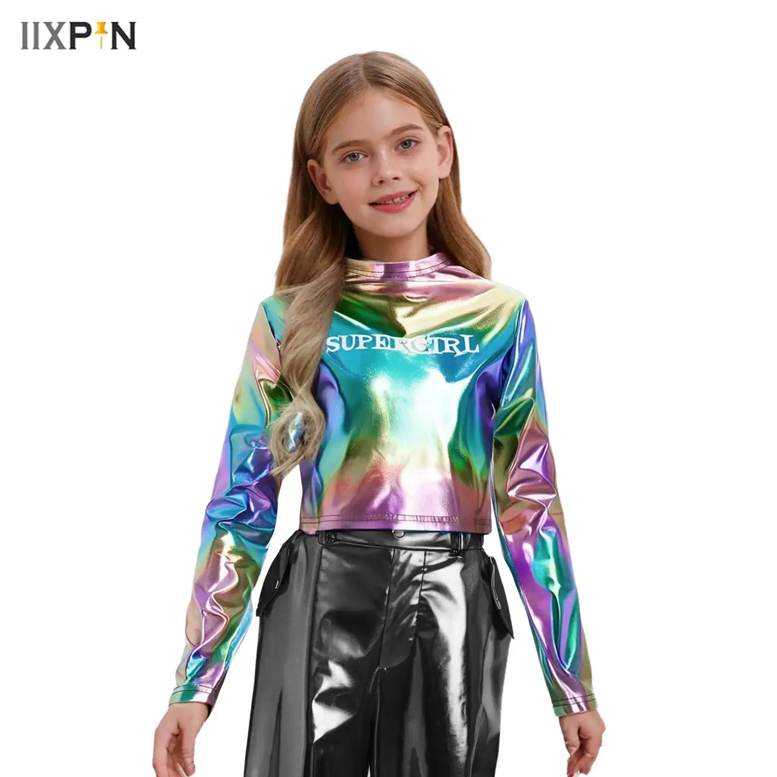 

Kids Girls Hip-Hop Jazz Dance Top Crew Neck Long Sleeve Letter Printed Metallic Shirt Top for Party Stage Performance Streetwear